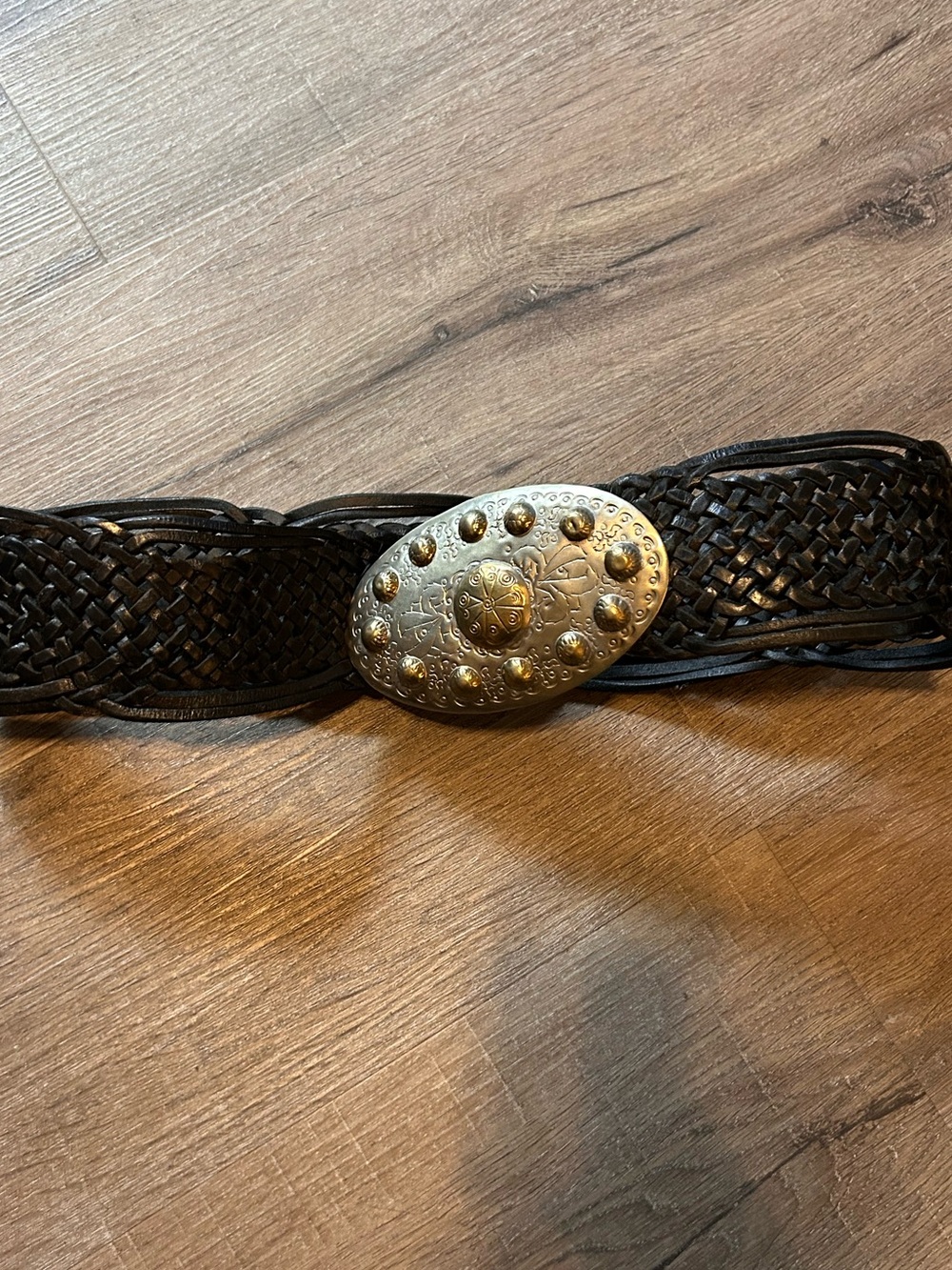 Chico’s Belt Womens S Black Leather Braided Western Concho Oval Buckle Studded